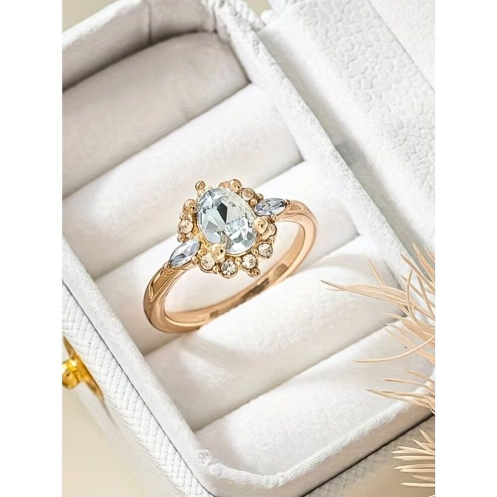 NWT Ice Blue Topaz Color CZ Crystal Cluster Ring Rose Gold Color Multi Sizes